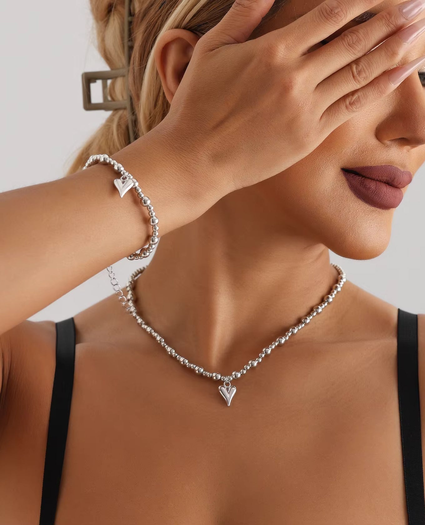 rhodium stainless steel beaded heart pendant