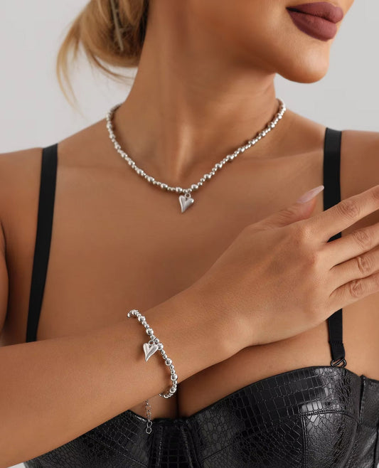 Rhodium Stainless Steel Beaded Heart Pendant